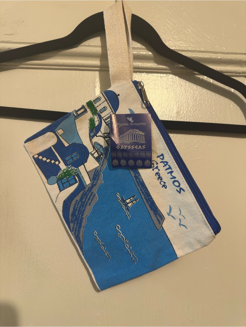 NWT. Odysseas Blue & White Patmos Greece Canvas Wristlet. 7”L x 9”W.